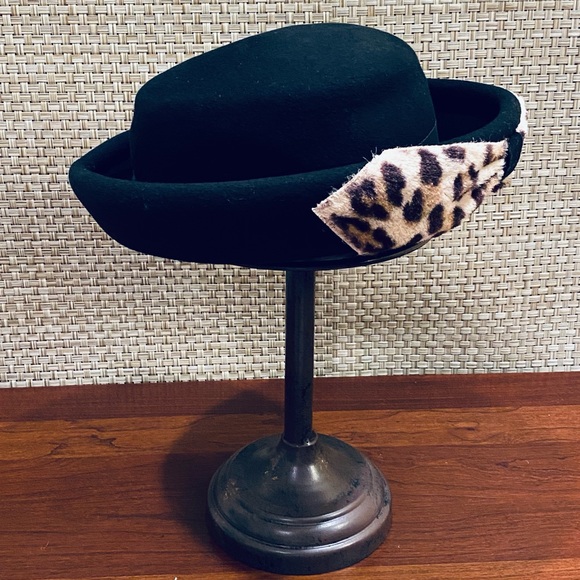 🌟2xHP🌟VTG 50s Fisk Black Wool & Leopard Print Bowler Hat - Picture 4 of 10